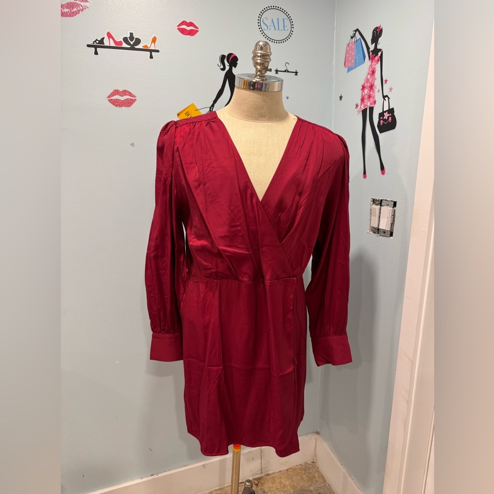 Mango Red Wrap Tie Front Dress with Bishop Sleeves